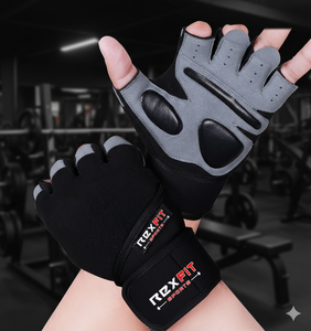 Gants de sport Rexfit demi-doigts noirs et gris en polyester respirant, anti-humidité, antidérapants, avec fermeture auto-agrippante et sangle de poignet réglable pour le fitness - Product Image 1