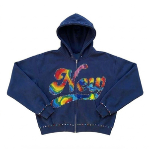 Heavyweight French <b>Terry</b> Zip Up Rhinestone Hoodies In <b>Bulk</b> Quantity Custom Embroidery logo Made Rhinestone Zipper Hoodie For Men - Product Image 1