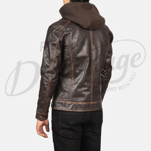Chaqueta de Cuero Genuino Marrón Retro para Hombre con Capucha Desmontable, Chaqueta de Motero Vintage Desgastada, Corte Ajustado, Abrigo Casual de Invierno - Product Image 2