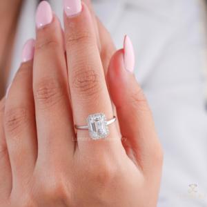 2.41CT Luxury Emerald Cut Lab Grown Diamond Engagement <b>Ring</b> with Diamond Halo <b>Plain</b> Gold Band Wedding <b>Ring</b> for Women - Product Image 5