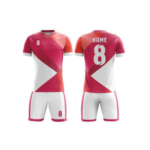 Ensemble de maillot de football personnalisé sublimé, col en V, manches courtes, évacuation de l'humidité, uniforme adulte, grande taille, couleurs contrastées rose et bleu - Product Image 2