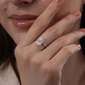 Halo <b>Emerald</b> Cut Lab Grown Diamond Engagement <b>Ring</b> | 2.10 CTW IGI Certified Diamonds | Solitaire <b>Ring</b> with Halo | Wedding Gift f - Product Image 1