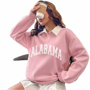 Pull en tricot rose pour femme avec col blanc, imprimé lettres Alabama, style preppy, manches longues, sweat-shirt pour l'automne - Product Image 1