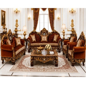Juego de Sofás de Madera de 5 Plazas Estilo Francés con Respaldo Acolchado y Brazos Enrollados, Diseño de Lujo, Muebles Duraderos para Sala de Estar - Product Image 6
