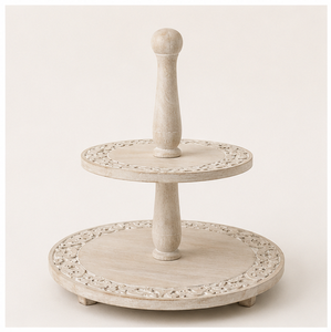 Handcrafted 2 Tier Wooden <b>Cake</b> <b>Stand</b> with Intricate Carvings Whitewashed Farmhouse Dessert Display <b>Stand</b> for Weddings Parties - Product Image 4