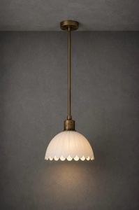 Brass Pendant Light Scalloped Glass Shade Modern Farmhouse Ceiling <b>Lamp</b> Indoor <b>Kitchen</b> Decor Durable Round Design - Product Image 4