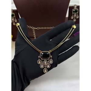 Indian Ethnic Kavya Victorian Premium <b>Gold</b> Plated Bridal Hasli Earring <b>Set</b> - Product Image 3