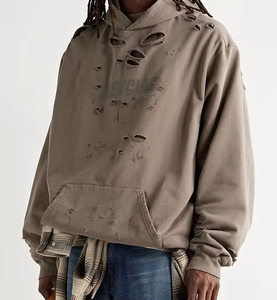 Custom Hoodie Streetwear Vintage Ripped Kangaroo Pocket Hoodie French Terry Distressed Hoodies Men Hoddies - Product Image 3