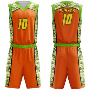Conjunto de Uniforme de Baloncesto Sublimado Personalizado, Camuflaje Naranja y Verde, Cuello en V, Sin Mangas, Secado Rápido, Cintura Elástica, Unisex para Adultos - Product Image 1