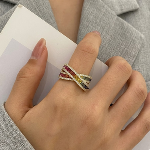 China Manufacturer Good Quality Rainbow Princess Jewelry 18k Solid Yellow Gold Real Diamond Blue Sapphire Rainbow Ring for Women - Product Image 3