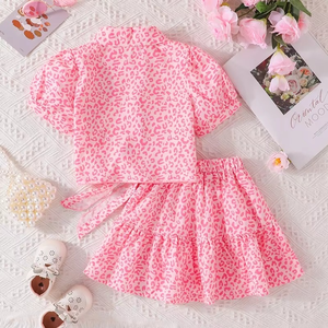 Conjunto de Verano de 2 Piezas para Niñas, Camiseta Polo de Manga Corta con Estampado de Leopardo Rosa y Minifalda, para Uso Diario, Vacaciones y Fiestas - Product Image 3