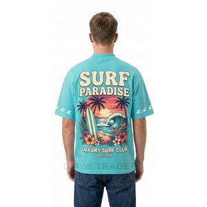 เสื้อยืดสีเทอร์ควอยซ์ทรงหลวมพิมพ์ลายต้นปาล์ม Surf Paradise ด้านหลัง เหมาะสำหรับใส่ไปเที่ยวทะเล ฤดูร้อน สไตล์ลำลอง สตรีทแวร์ - Product Image 2