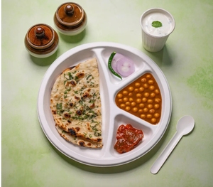 Assiette jetable ronde à 4 compartiments en pulpe de canne à sucre, biodégradable et compostable, pour plats à emporter et buffets - Product Image 3