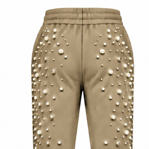 Khaki Pearl Beaded <b>Jogger</b> Pants <b>Women</b> Luxury Embellished Drawstring Sweatpants Casual Streetwear <b>Fleece</b> Bottoms With Pockets - Product Image 4