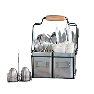 Organizador de utensilios y cubiertos de metal galvanizado negro estilo rústico vintage para encimera de cocina con asa de madera portátil - Product Image 3