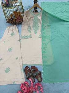 Ensemble de costume palazzo en soie romaine brodée de qualité supérieure avec travail de sequins de 3 mm et dupatta en faux georgette, vêtements ethniques pour femmes, export - Product Image 1