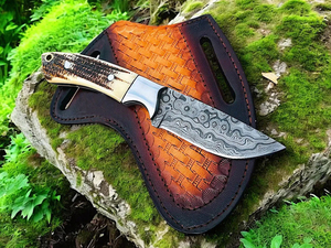 Cuchillo de Caza de Acero de Damasco Hecho a Mano Personalizado OEM, Cuchillo EDC de Hoja Fija para Camping y Actividades al Aire Libre con Funda de Cuero, Regalo - Product Image 5