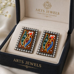 Bulk Price Antique <b>Silver</b> Plated Cute Geometric Bezel Setting Traditional Hand Painted Minakari Artwork <b>Stud</b> <b>Earrings</b> Women - Product Image 6