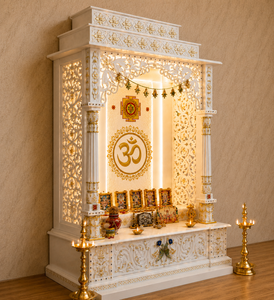 Modern White Wooden Pooja <b>Mandir</b> with Om Chakra Pooja Ghar Design with LED Backlight Custom Pooja Temple Cabinet for Home UK - Product Image 2