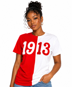 T-shirt personnalisé en coton rouge et blanc Delta/Sigma/Theta DST 1913 avec lettres grecques pour sororité et fraternité, vêtements d'entreprise - Product Image 1