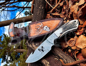 Couteau de chasse OEM Wirecut en acier Damas, couteau à dépecer, manche en bois de cerf, lame fixe, couteau de camping et d'extérieur EDC avec étui en cuir - Product Image 3