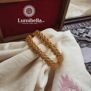 Classic Gold Plated <b>Copper</b> and Brass <b>Bangles</b> with Pearl Emerald Diamond Accents - Product Image 1
