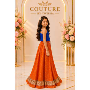 Girls Top with Lehenga Blue & Orange Sleeveless Solid Polyester Women's Sets - Product Image 3