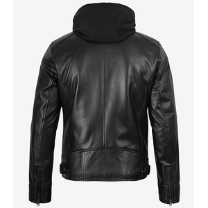2026 Most Demanding Men's Black Genuine Leather Cow Hide Hooded Zipper Closure Waterproof Breathable Windproof <b>Slim</b> <b>Fit</b> <b>Jackets</b> - Product Image 2
