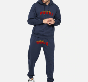 Men's Navy Blue Hoodie And Sweatpants <b>Set</b> With Red Yourbrand Logo Print Casual Autumn Wear 100% Cotton French Terry Material - Product Image 1