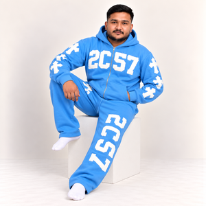Ensemble survêtement homme bleu ciel personnalisé avec sweat à capuche zippé et pantalon de jogging brodé effet usé REXFIT SPORTS OEM Vente en gros - Product Image 5