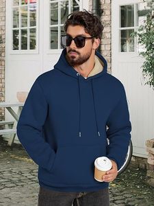 Sweat-shirt à capuche pour homme, décontracté, en coton, doublé de polaire, épais, avec poche kangourou, coupe-vent, chaud, pour l'hiver, style athlétique - Product Image 2
