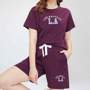 Conjunto de 2 Piezas para Mujer, Color Morado, Estampado con la Letra L.A. de Los Ángeles, Shorts Casuales, Cuello Redondo, Manga Corta, Corte Holgado, Ropa de Primavera/Verano - Product Image 2