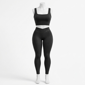 Womens <b>Black</b> Square Neck <b>Yoga</b> Set Sports Bra High Waist Pocket <b>Leggings</b> Gym Fitness Workout Activewear Two Piece - Product Image 3