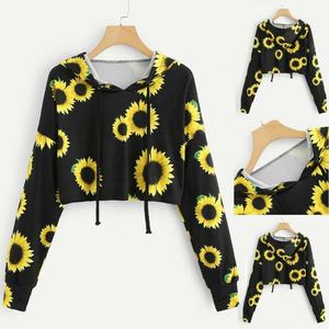 Women's Sublimation Cropped Hoodie Black <b>Sunflower</b> Print Long Sleeve Casual Knitted Breathable Summer Floral Hooded Sweatshirt - Product Image 5