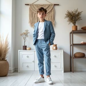 Kids Boys Light Blue 2 Piece Suit <b>Blazer</b> and Pants <b>Set</b> Smart Casual Wedding Party Formal Wear - Product Image 1