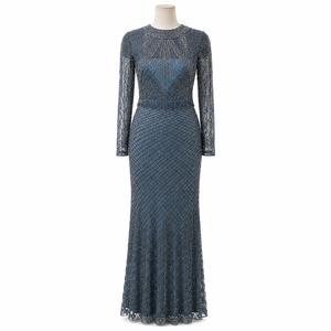 Women Slate Blue Beaded <b>Sequin</b> Evening Gown High Round Neck Sheer Long Sleeve Embellished Net Maxi Dress Formal Wedding Prom - Product Image 1
