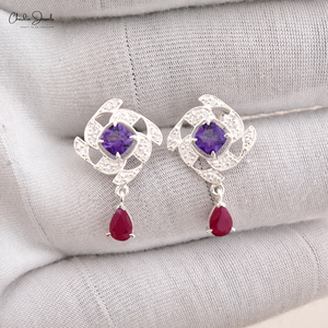 Pendientes Colgantes Clásicos de Amatista Natural de 5MM y Rubí de Alibaba, Plata de Ley 925, Circonita Cúbica, Fabricante de Joyería de la India - Product Image 3