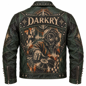 Blouson en cuir vert pour homme, style motard, effet vieilli, avec motifs graphiques DJ et punk, clouté et à pointes, production en gros OEM ODM sur mesure - Product Image 2