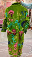 Robe Kimono Longue en Velours de Coton Fait Main, Col en V, Manches Longues, Imprimé Floral, Poches en Dentelle, Taille Naturelle, Vente en Gros Fabricant