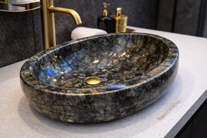 อ่างล้างหน้าหินลาบราดอไรต์สุดหรู พร้อมเคาน์เตอร์หินอ่อนสีน้ำเงิน อ่างล้างหน้าทรงรีทันสมัยสำหรับห้องน้ำในโรงแรมหรือวิลล่า - Product Image 2