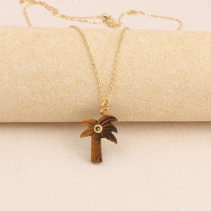 Tiger's Eye Carved Pendant <b>Necklace</b> Gold Plated Palm <b>Tree</b> Charm <b>Necklace</b> Handmade Carved Gemstone Jewelry for Women - Product Image 1