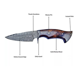 Cuchillo de caza de hoja fija de acero de Damasco con mango de palisandro, espiga completa, para uso exterior, punta de gota, filo recto, ODM OEM al por mayor - Product Image 6