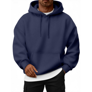 Men's <b>Navy</b> Blue Hooded <b>Sweatshirt</b> Regular Fit Cotton Fleece Casual Autumn Wear with Front Pocket and Drawstring Hood - Product Image 2