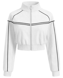 Chaqueta deportiva corta blanca para mujer con cremallera, para gimnasio y fitness, con ribetes negros en contraste, proveedor OEM. - Product Image 1