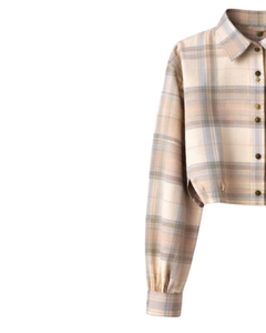 Chemisier court personnalisé beige à carreaux pour femme, col rabattu, manches longues, boutonné, style décontracté, fabricant OEM - Product Image 3