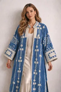 Chaqueta Larga Bohemia Azul de Terciopelo de Algodón Bordada con Diseño Floral, Manga Larga, Cuello Alto, Ropa de Abrigo Otoñal para Mujer - Product Image 2
