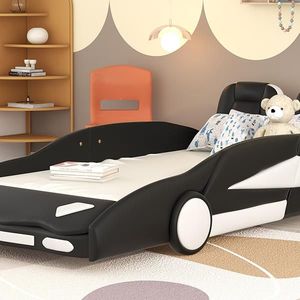 Black Twin Size Race Car Shaped Platform Bed with Wheels Kids' Furniture - Product Image 4