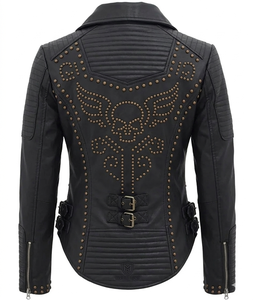 Chaqueta de Motociclista de Cuero Genuino Estilo Punk Rock para Mujer, Corte Ajustado, Color Negro, Impermeable, con Remaches - Product Image 3