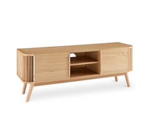 Modern Scandinavian Solid Teak Wood <b>TV</b> <b>Stand</b> Entertainment Center Wooden Media Console Cabinet with Slatted Side Panels - Product Image 2