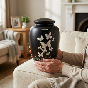 Premium Metal Cremation Urn Elegant Black Matte Finish Hand Painted White Butterflies Floral Art Durable Secure Lid Memorial Jar - Product Image 4